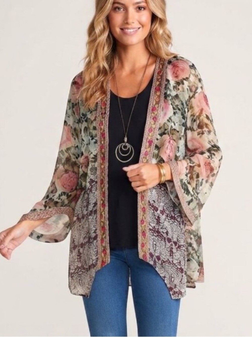 Soft Surroundings Embroidered Floral Sheer Kimono Topper Size Large 54996 - Picture 1 of 15